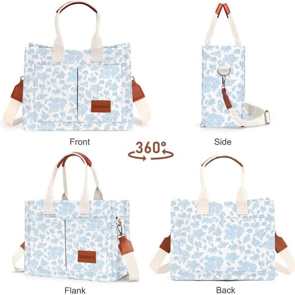 Stylish Blue Floral Tote Bag with Leather Handles - Durable Canvas Everyday Use - Picture 5 of 6